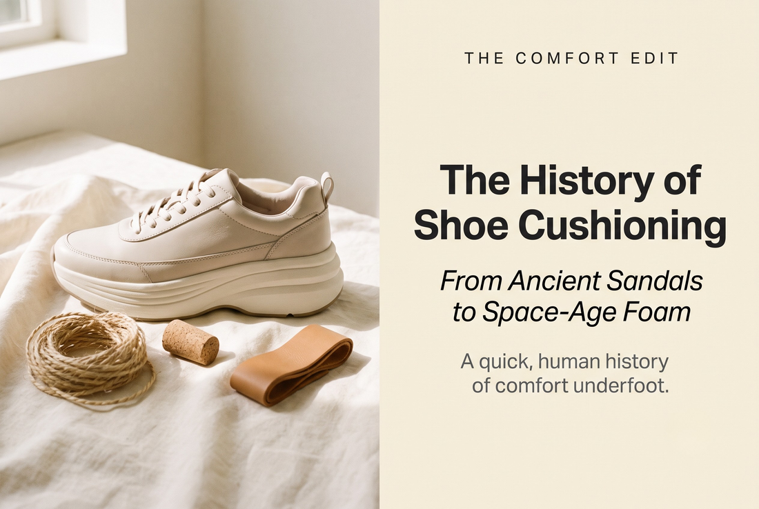 Modern cushioned shoe beside ancient papyrus, cork and leather on cream linen