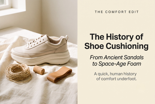 Modern cushioned shoe beside ancient papyrus, cork and leather on cream linen
