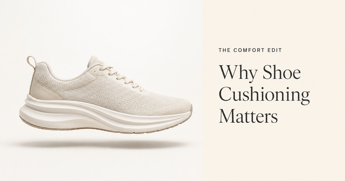 Stylised cushioned everyday shoe on a Comfort Edit blog cover for cushioning