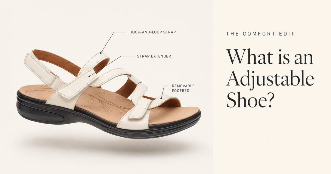 Revere Miami sandal with adjustable features labelled, Comfort Edit cover