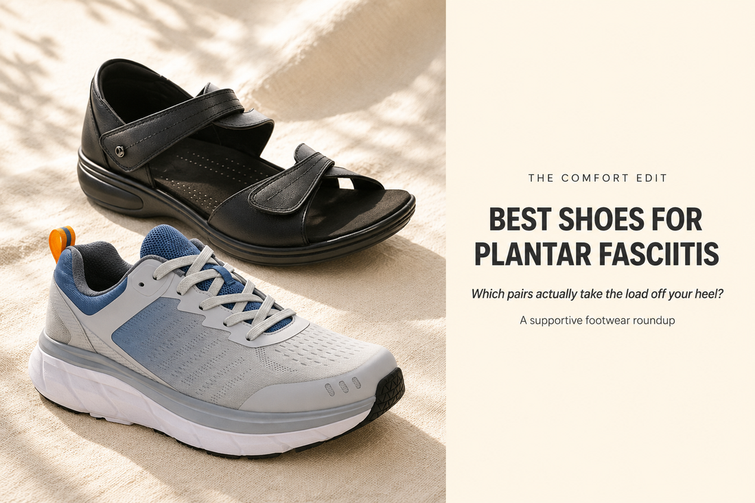Black supportive sandal and grey-blue active sneaker arranged on cream linen beside the headline “Best Shoes for Plantar Fasciitis” and a subtitle about taking pressure off the heel.