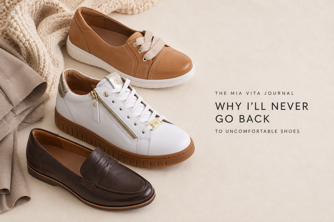 Mia Vita Luna, Remi and Bridgette shoes styled on a warm neutral flatlay