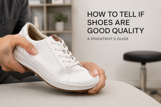 Podiatrist bending a white leather sneaker to test its quality in a clinic.