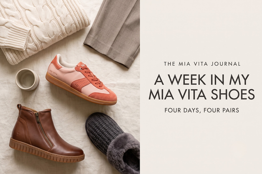 Mia Vita Ramona sneaker, Leni boot, Vienna flat and charcoal Zen slipper styled on warm linen for the Mia Vita Journal
