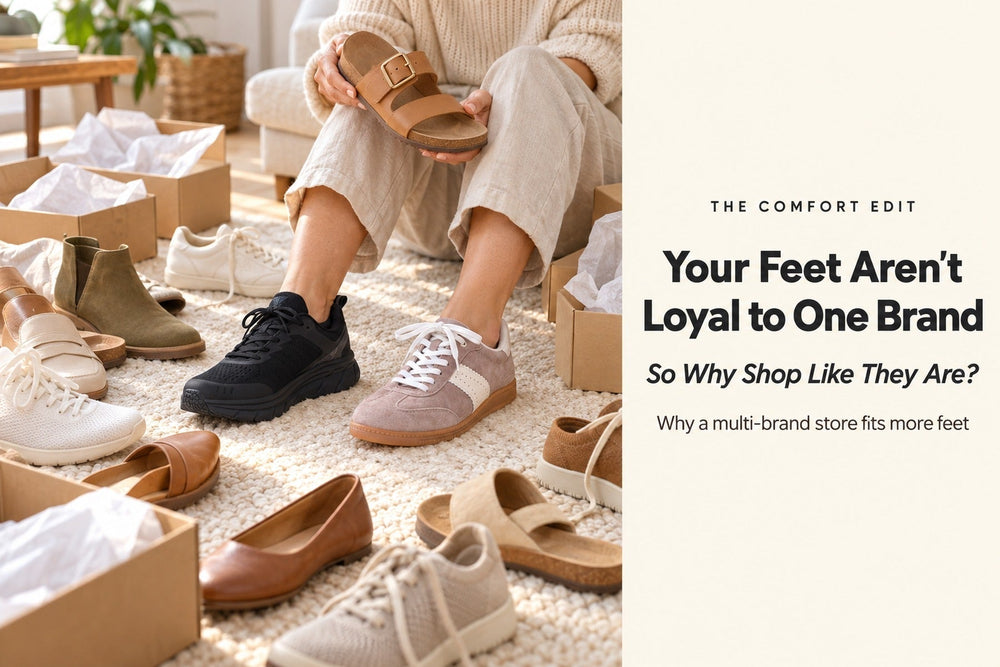 Person trying a different comfort shoe on each foot amid a pile of shoes