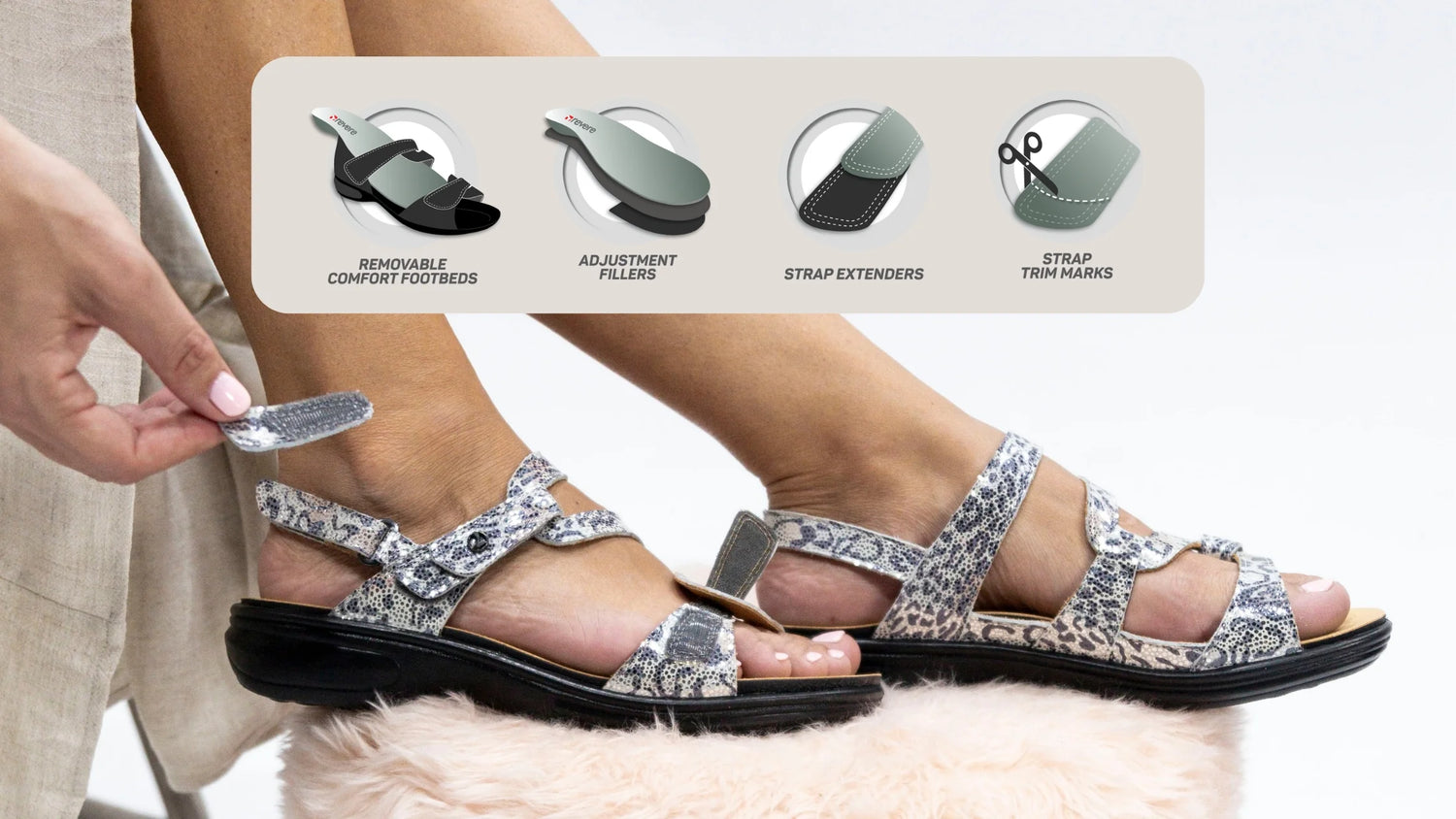 Person wearing sandals with customizable features on a white background